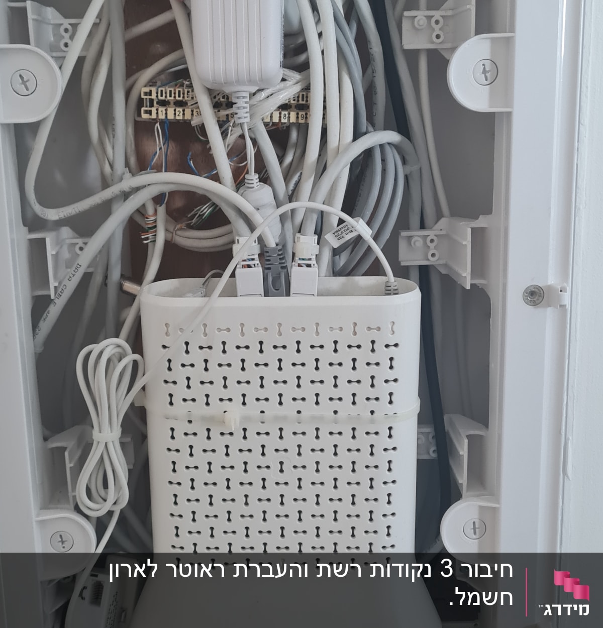ארון תקשורת עם כבלים ומודם לבן